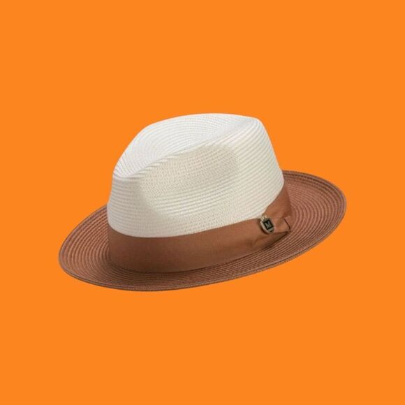 MONTIQUE COGNAC TWO-TONE WIDE BRIM W/MATCHING GROSGRAIN RIBBON STRAW FEDORA. H47 - Picture 1 of 2